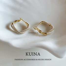 独特珍珠耳环圈圈轻奢高级感气质方形耳圈耳扣女纯银针小众耳饰品