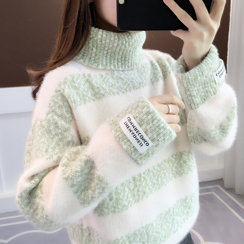 Suéter de las mujeres espesado invierno 2024 nuevo Otoño y ropa de invierno de cuello alto a rayas visón terciopelo top de punto camisa de fondo