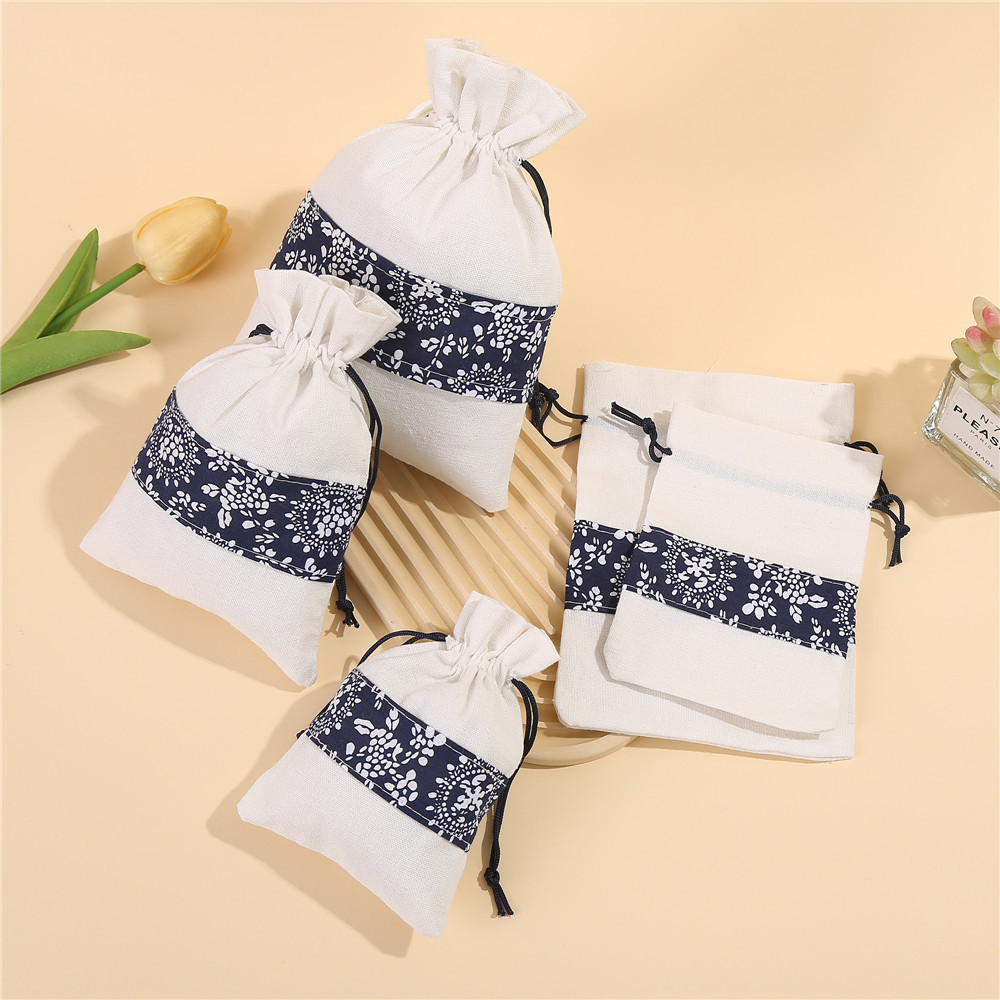 拼接青花棉布束口袋印花透气棉麻香包袋端午节艾草香囊袋