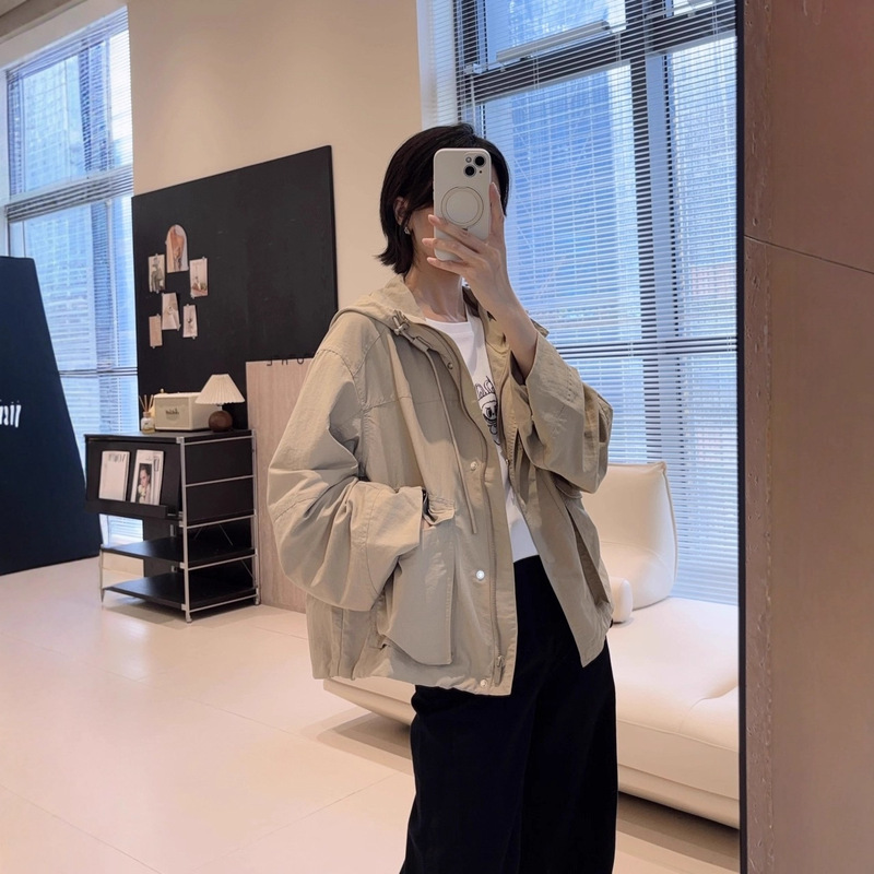 Lu Cabinet New Style! Mountain Style Hooded Windbreaker Casual Large Flap Pocket Pants Workwear Short Jacket Loose Autumn G091512