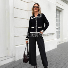 黑白拼色小香风针织外套女新品韩版减龄修身短款流苏毛边开衫毛衣