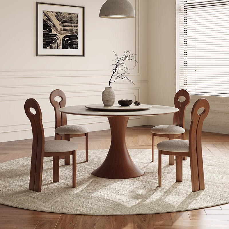 Mesa de comedor de madera sólida nórdica estilo medieval francés, mesa de comedor redonda doméstica, combinación de mesa y silla de color nuez