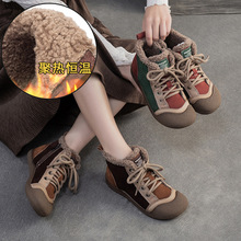 杰骤2025冬季新款加绒保暖拼色时尚侧拉链高帮棉鞋复古风百搭女鞋