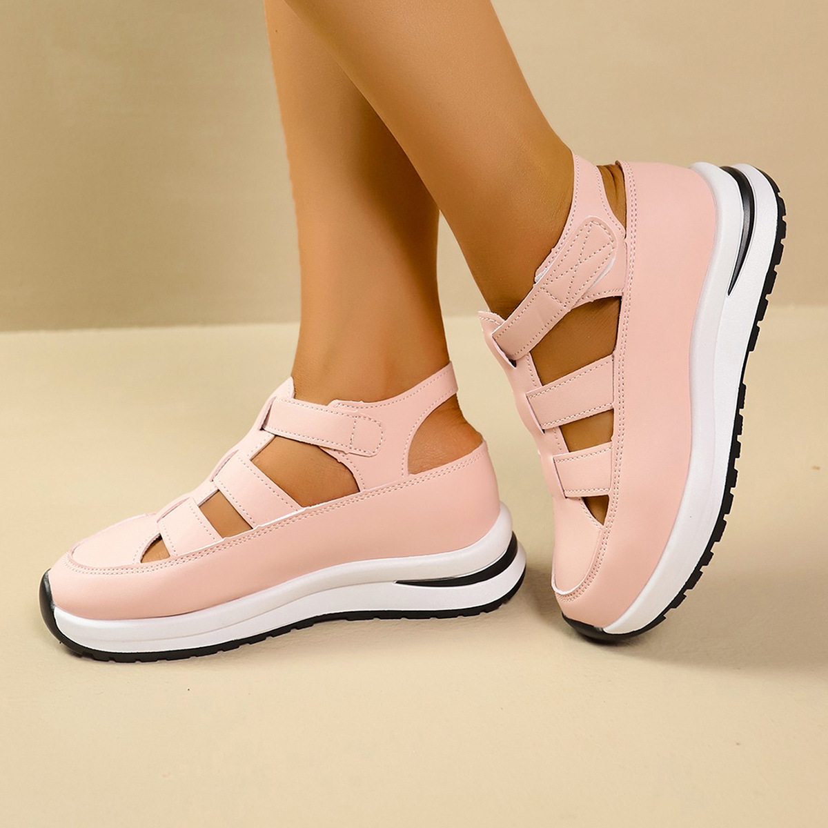Comercio exterior de tamaño grande sandalias de talón de pendiente hueca verano 2025 nuevo velcro muffin grueso interior zapatos de altura de mujer 43
