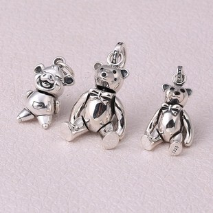 S925 Sterling Silver Fashion Pendant Japanese and Korean Cute Bow Bear Piggy Jewelry Men and Women Necklace Pendant Thai Silver