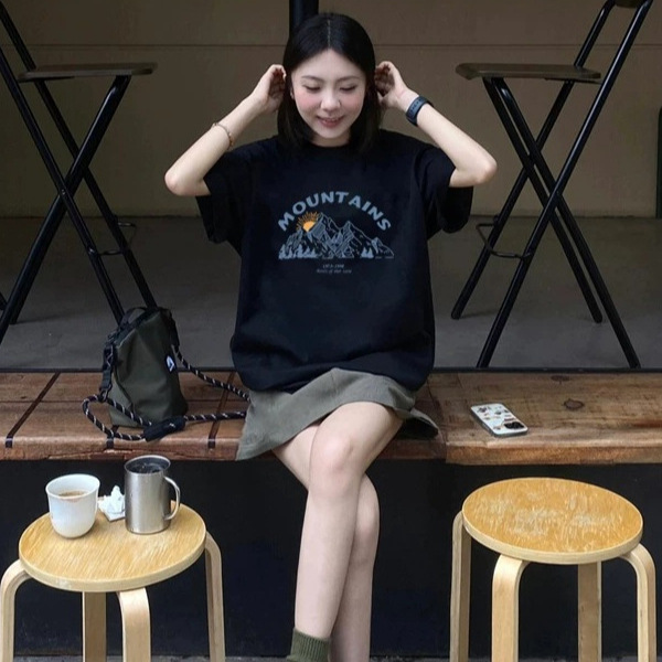 Black Pure Cotton Casual Short-Sleeved T-Shirt for Women, New Popular Style, Niche American Style, Loose, Large Size, Slimming Half-Sleeved Top for Summer