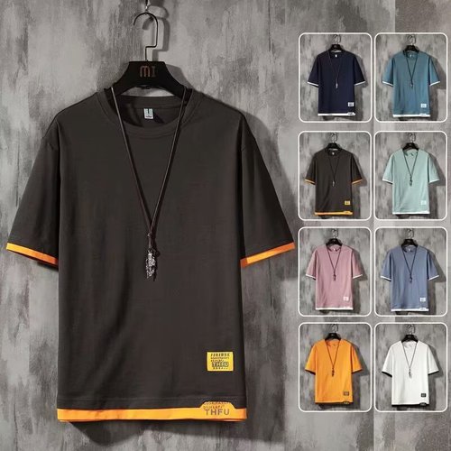 Men's Summer Short Sleeve T-Shirt, Japanese Style Simple Men's Clothing, Casual Matchy Matchy Trendy Cotton Pseudo-Bifurcated Half-Sleeve Top