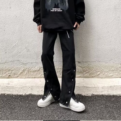American street-style vibe casual button-down jeans for men with zipper fly and split design, loose straight-leg floor-length pants