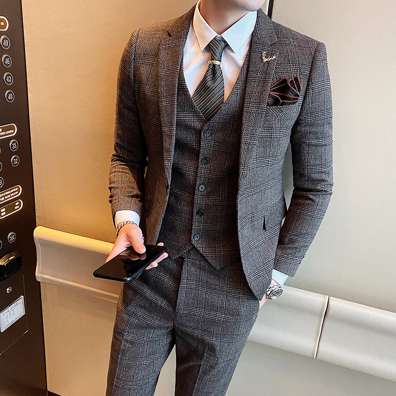 Traje de los hombres al por mayor de tres piezas Traje a cuadros casual de negocios estilo coreano slim fit one button traje casual Retro