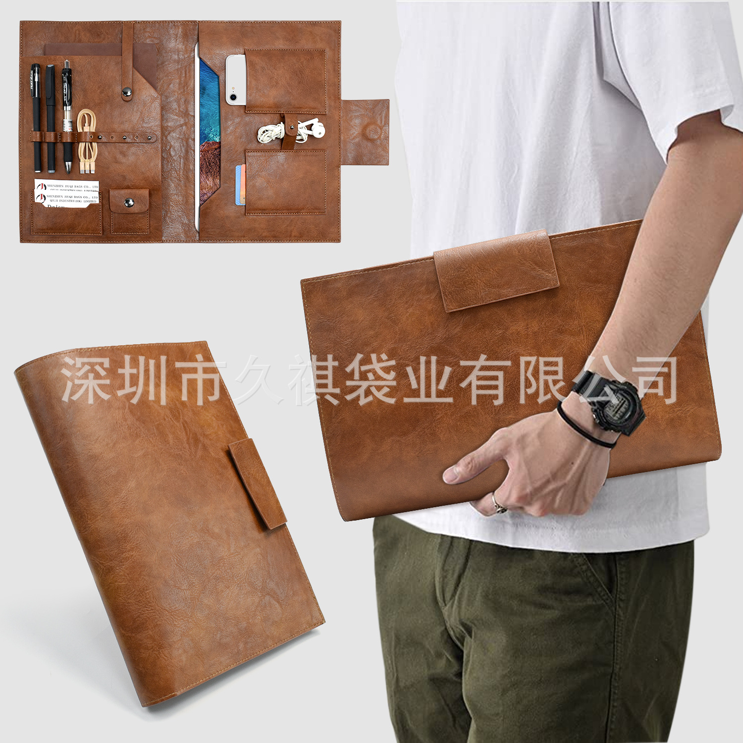 Retro Crazy Horse Leather Tablet Storage Bag Multifunctional Business Handbag Suitable for iPad Tablet Digital Organizer Customization