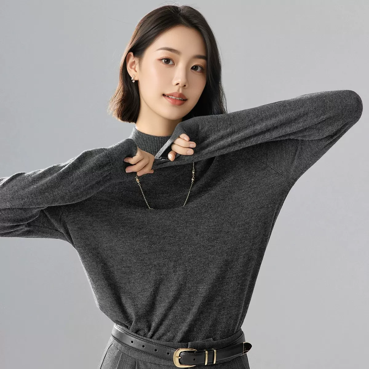 可机洗100%超细纯羊毛衫女士秋冬款半高领毛衣宽松针织打底衫女装