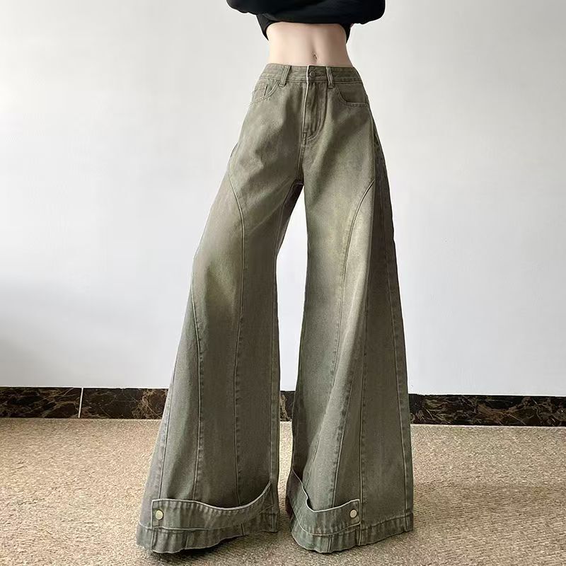 2025 New American Style Vintage Washed Wide Leg Jeans Women's Niche Green Loose Dose Slimming Trousers