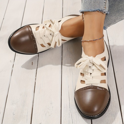 Women's Summer Low Heel Shoes with Cut-Out Design and Brogue Details