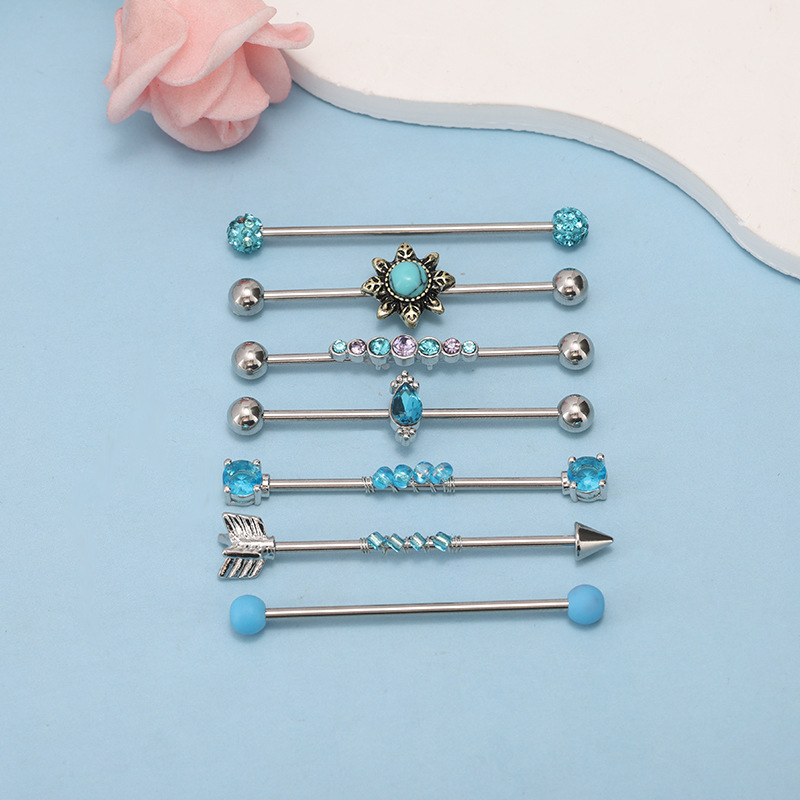 Industrial Ear Studs 7-Piece Set 14G Crown Full Diamond Round Piercing Jewelry Stainless Steel detail image 7