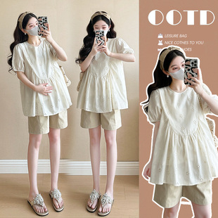 Real Shot ~ Pregnant Women suit Summer New Lazy Style Loose Doll Shirt Thin Short-sleeved Top Shorts Two-piece Set