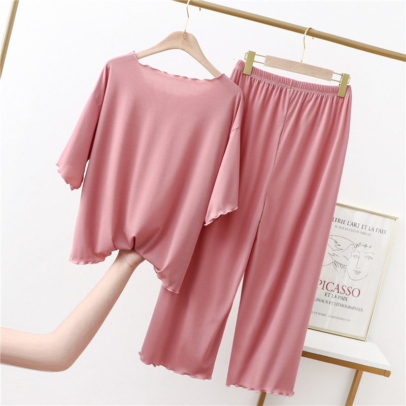 Spring and Summer 2022 New Ice Silk Flying Edge Mid-sleeve Pants Set T-shirt Loose Large Size Home Wide Leg Pants Two-piece Set