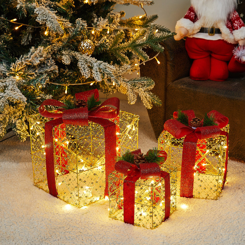 クリスマス鉄芸発光ギフトボックス三点セット積み上げ装飾品セットクリスマスツリーホテルシーン配置置物|undefined