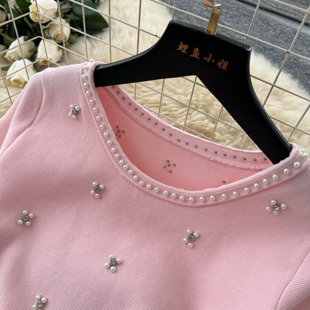 Women's French Style Beaded Short Sleeved Dress Summer Gentle Feminine High Waisted A-Line Skirt Slimming Flattering for Commuting_ecoleips.com