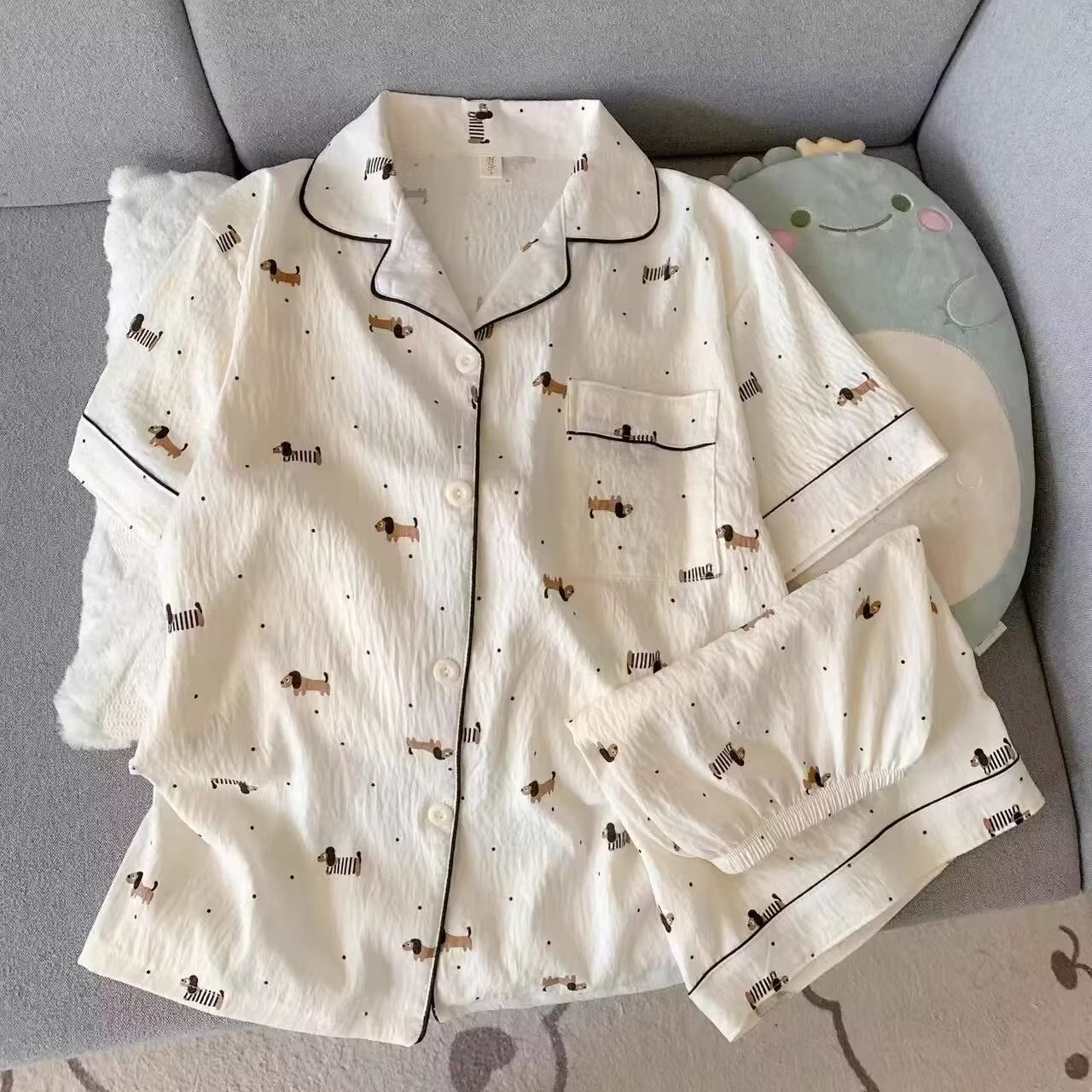 Al por mayor transfronterizo explosión de verano nubes cardigan solapa pijamas de niña dulce mangas cortas pantalones cortos set de ropa para el hogar