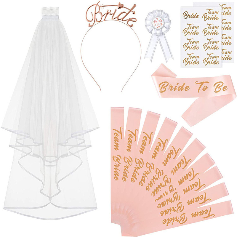 Bachelor party bride to be bridal suit team bride hair band tattoo shoulder strap badge veil