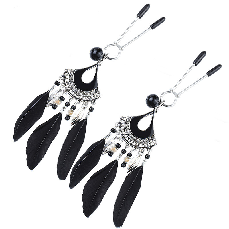 Vintage Metal Nipple Clamps with Feather Tassels, Bohemian Style Pair — detail image 15
