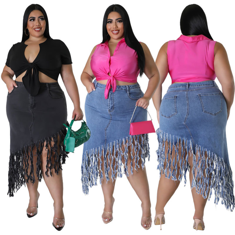 Jeansrock in Übergröße mit Quasten – Neue Frühlingsmode für Damen_voghion.com