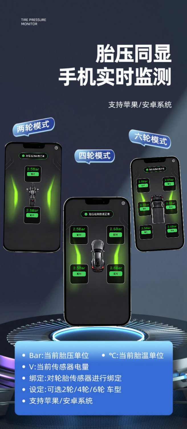 Car and Motorcycle Tire Pressure Sensor with Bluetooth Display, High Precision, Dustproof and Waterproof, Supports Oem Wholesale Processing