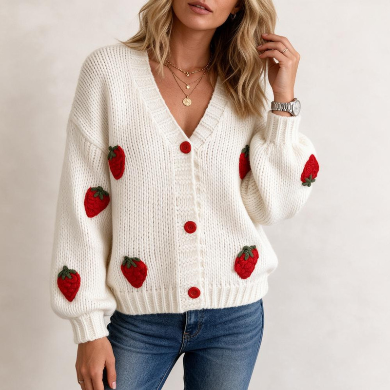 European and American Style Lantern Sleeve Knitted Sweater Cardigan for Women, 2026 Autumn and Winter Loose Design Cute Strawberry Top European and American Style Lantern Sleeve Knitted Sweater Cardigan for Women, 2026 Autumn and Winter Loose Design Cute Strawberry Top