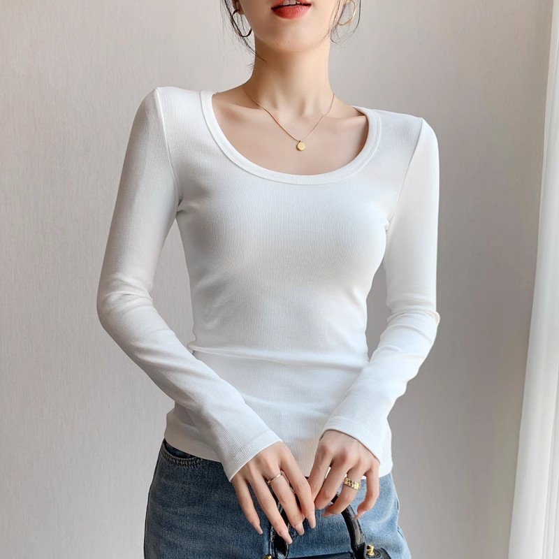 纯棉打底衫女内搭2025早秋新款修身u领螺纹上衣纯色上衣长袖T恤潮|undefined