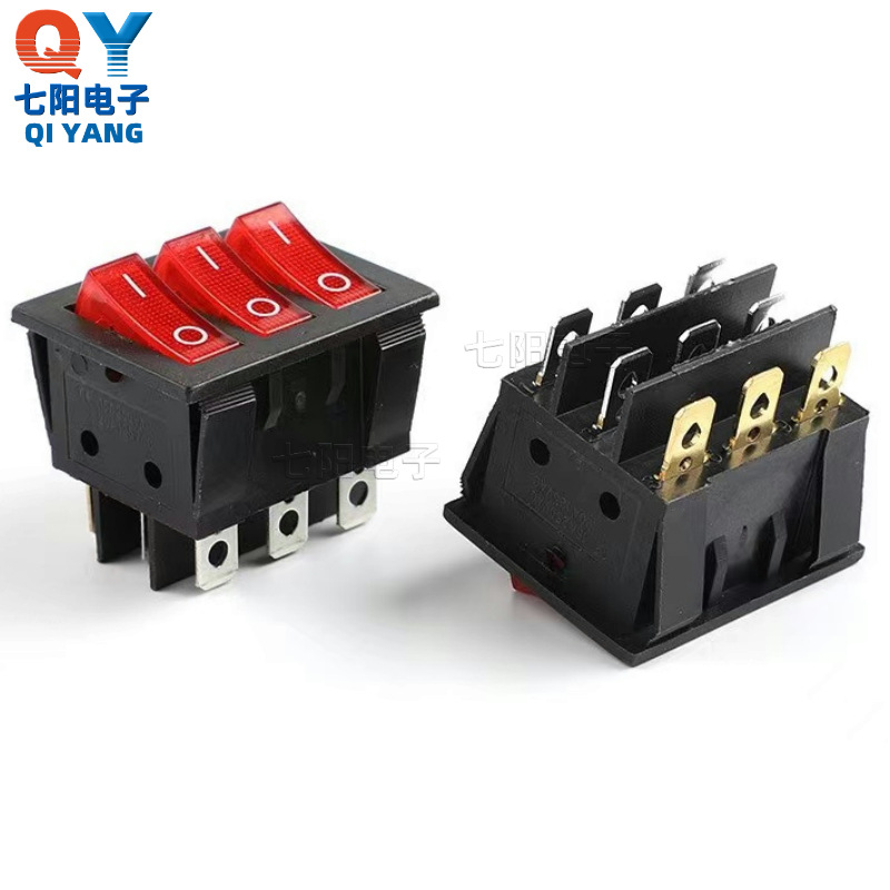 KCD6船型开三联9脚2档红色带灯15A250V电源开关3合1翘板按钮开关