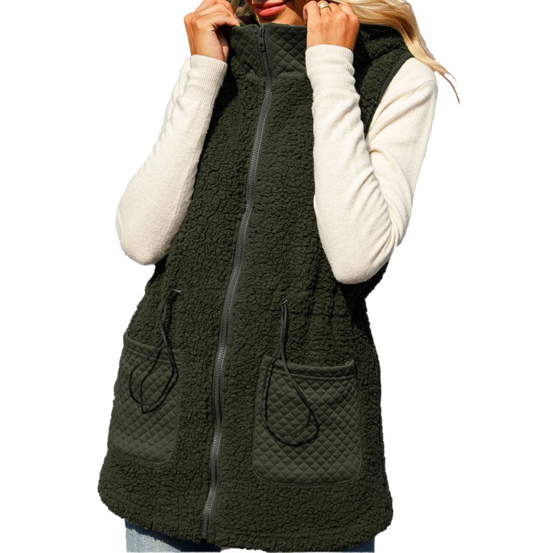 Flash de terciopelo europeo y americano otoño Mujer con capucha cremallera sin mangas de color sólido de longitud media ajustable cintura burbuja Chaleco de terciopelo