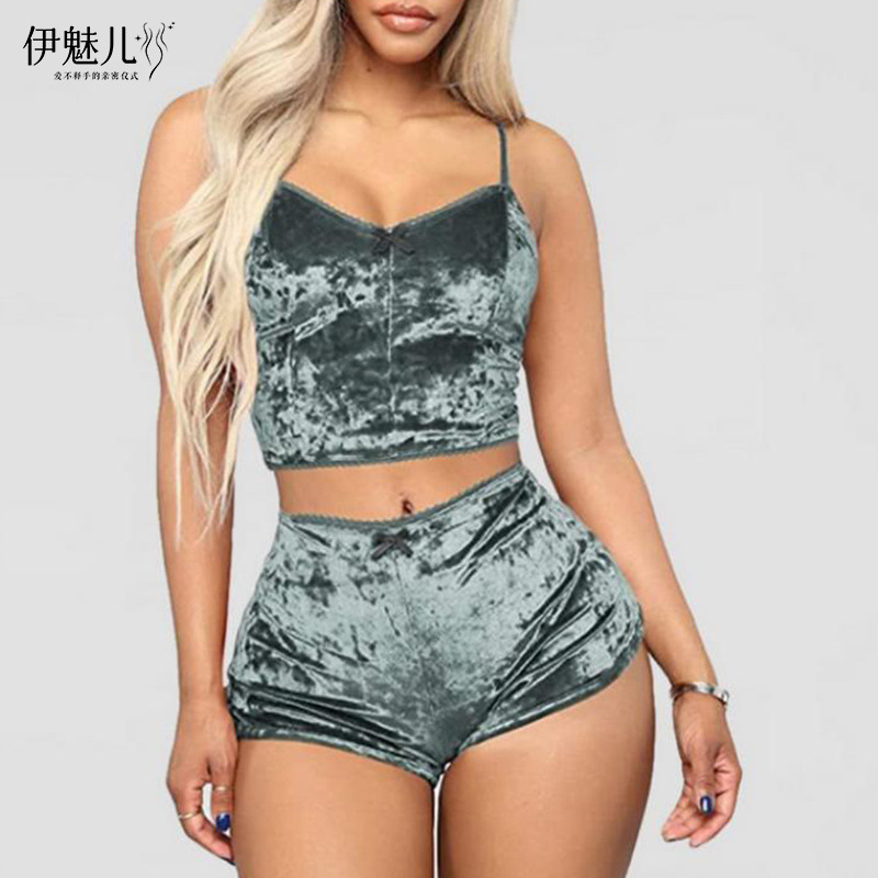 Comercio exterior transfronterizo sexy Lencería europea y americana terciopelo dorado sexy pantalones cortos de la Liga de las mujeres pijamas conjunto de dos piezas T1797