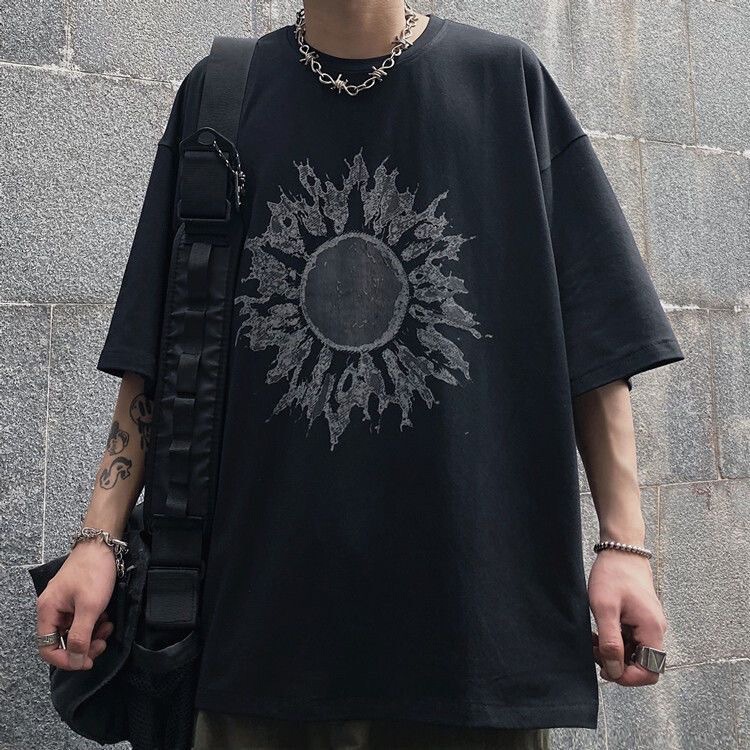 Summer Trendy ins Diablo High Street Sun Printed Short-sleeved T-shirt Men's and Women's Loose Casual Students Half-sleeved Top Summer Trendy ins Diablo High Street Sun Printed Short-sleeved T-shirt Men's and Women's Loose Casual Students Half-sleeved Top