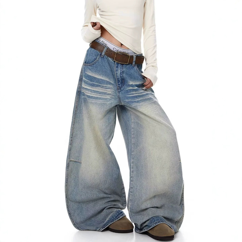 American retro distressed striped patchwork cat-ear curved jeans, new loose-fitting design wide-leg pants for men and women, trendy