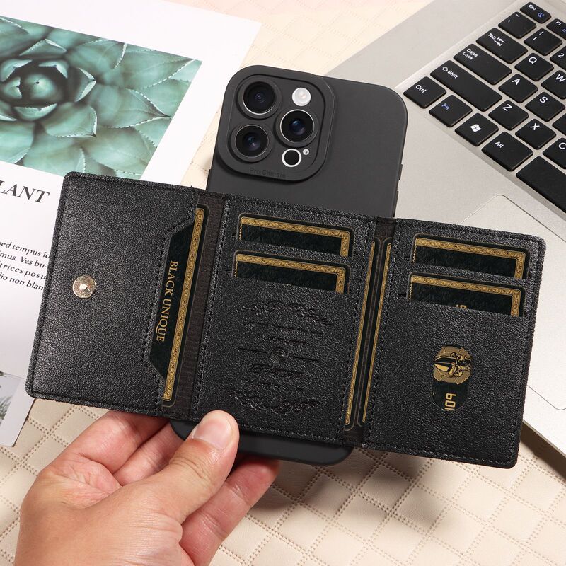 Double-Open Business Card Holder Business Leather Case Suitable for Apple Iphone16/15 Stand Mobile Phone Case Samsung S23/24