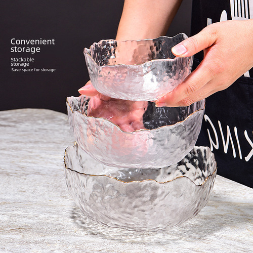 Japanese hammered gold-edged glass bowl wholesale household tableware minimalist Instagram-style dessert fruit bowl salad bowl set
