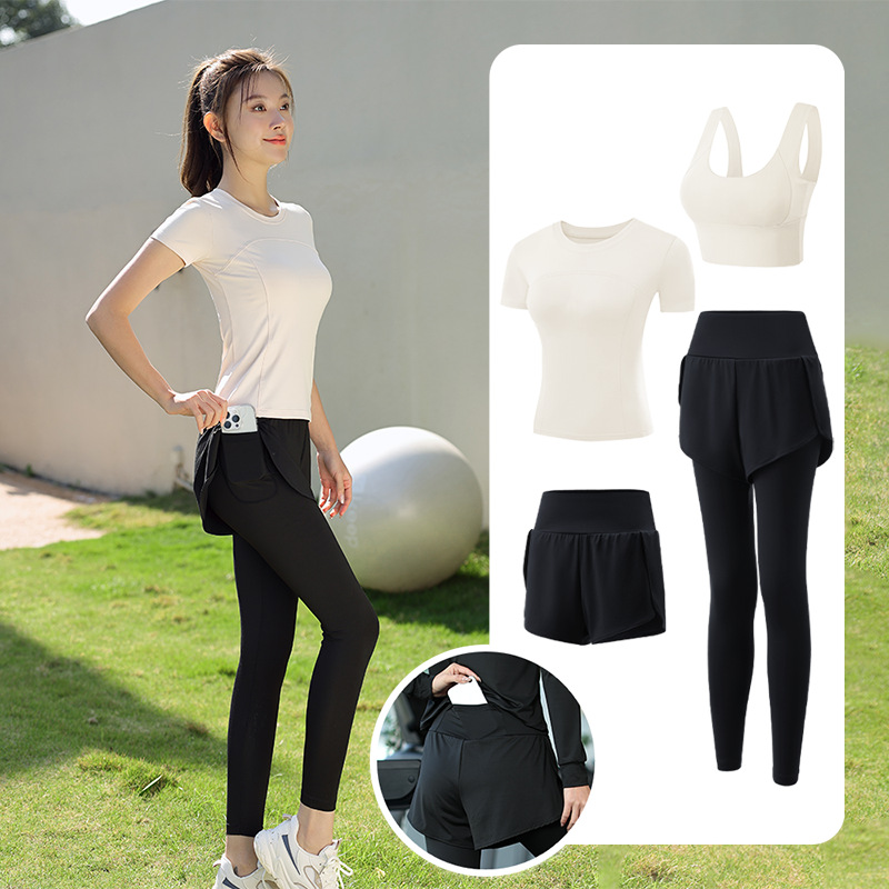Trajes de yoga para mujeres de verano para correr ropa deportiva suelta rápida ropa seca bolsillo para correr trajes de mujeres de la mañana para correr comercio exterior