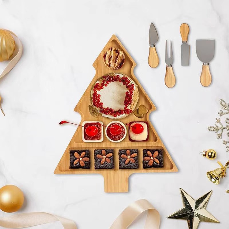 家用竹木制圣诞树造型便携式奶酪披萨砧板儿童套装食物分格托盘