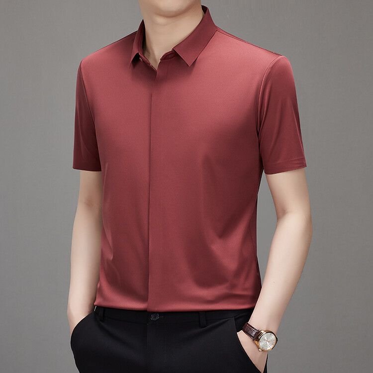 White Short-Sleeve Shirt with Hidden Placket for Men, Summer Thin Business Anti-Wrinkle No-Iron Stretch White Shirt Workwear for Men