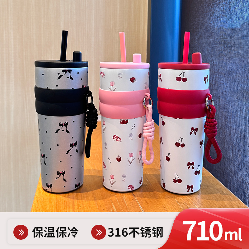 Nuevo acero inoxidable taza de café de cuerda taza de paja pequeña patrón fresco de niñas taza de aislamiento térmico de alto valor facial taza de agua portátil