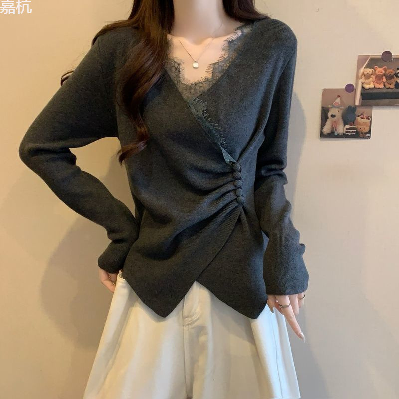 plus size women's design V-neck lace stitching sweater chubby girl slimming irregular base sweater spring wholesale