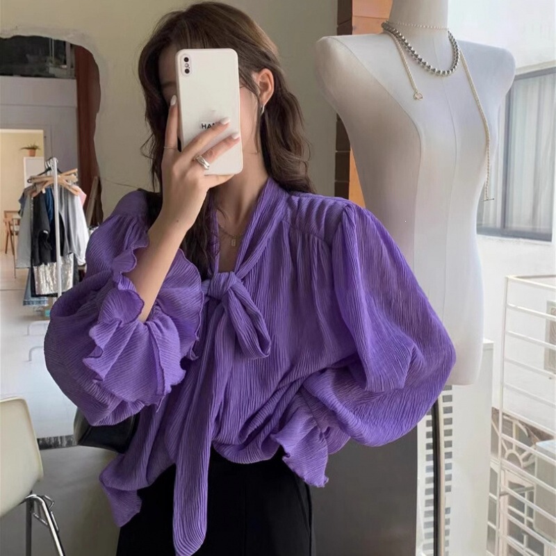 Warm Maple Elegant Purple Long Sleeve Shirt New Chiffon Bow French Style Shirt Spring and Autumn Design Stylish Top Warm Maple Elegant Purple Long Sleeve Shirt New Chiffon Bow French Style Shirt Spring and Autumn Design Stylish Top