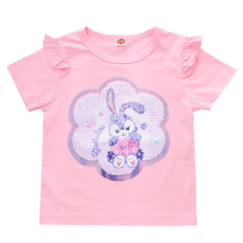 Children's summer clothing new style girls short-sleeved T-shirts girls color-changing sequined tops manufacturer