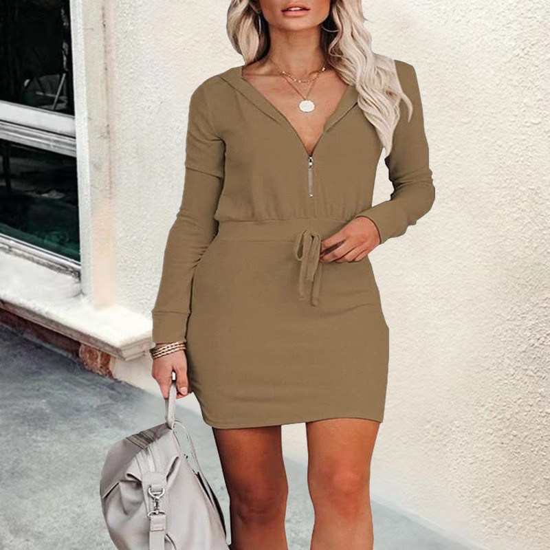 Women's Trendy Solid Color Dress Zip Front Long Sleeve Hoodie Style Waist‑Cinched Casual Daily Wear_ecoleips.com