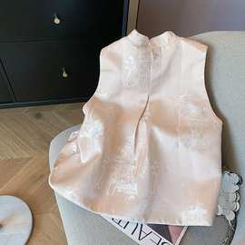 扣领5无袖国风仙鹤高级立女上衣感新秋款马马甲202女中式夹盘百搭