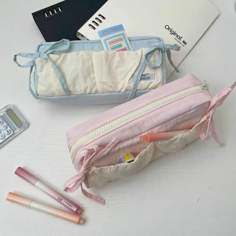 奶油风软乎乎云朵双蝴蝶结笔袋大容量文具袋初中高中女生文具盒|undefined