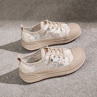plus size women's shoes spring shoes breathable white shoes thick bottom spring 2025 new lace mesh fisherman shoes 41 to 43