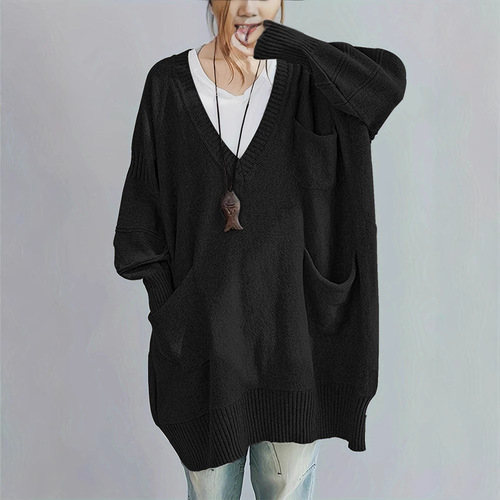 Lazy-style loose V-neck turtleneck mid-length knitted dress with long sleeves, outerwear sweater