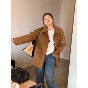 plus size Women's Vintage Suede Jacket 2024 Autumn New Mid-length Loose Casual Lapel Suit Top