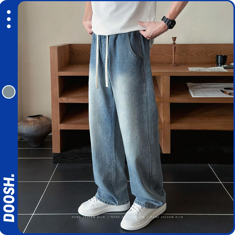 Men's Spring and Summer Three-Dimensional Bamboo Texture Retro Blue Washed Jeans, Loose Casual Pants, Versatile Extended Straight-Leg Pants